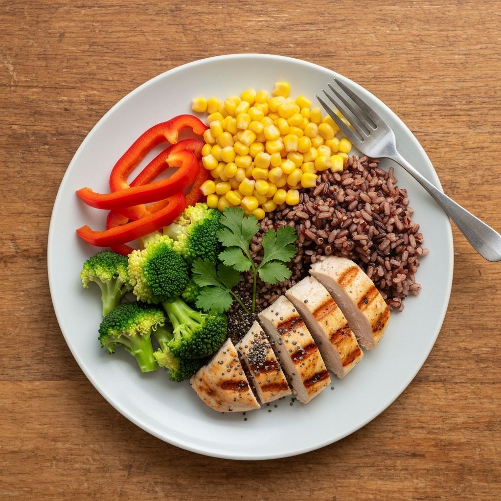 Sajian makanan sehat dan seimbang dengan sayuran segar dan biji-bijian di atas meja kayu