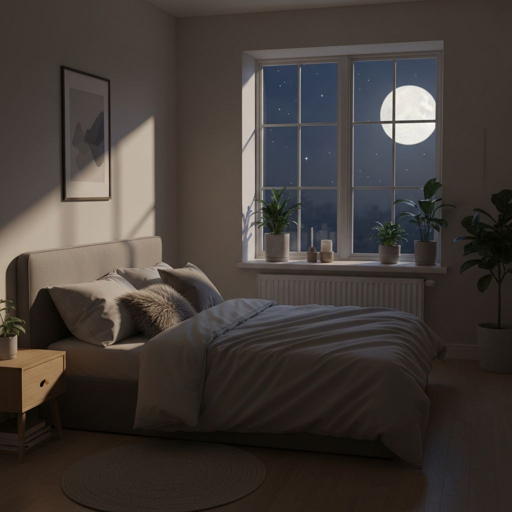 Suasana kamar tidur yang tenang dengan cahaya bulan masuk melalui jendela